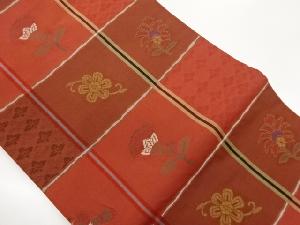 格子に花々模様織出し名古屋帯